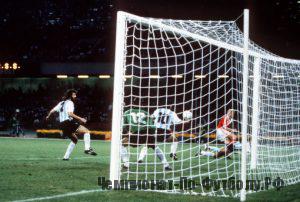 1990 World Cup Finals. Naples, Italy. 13th June, 1990. Argentina 2 v USSR 0. Argentina's Diego Maradona handles the ball inside his own penalty area, not seen by the referee.